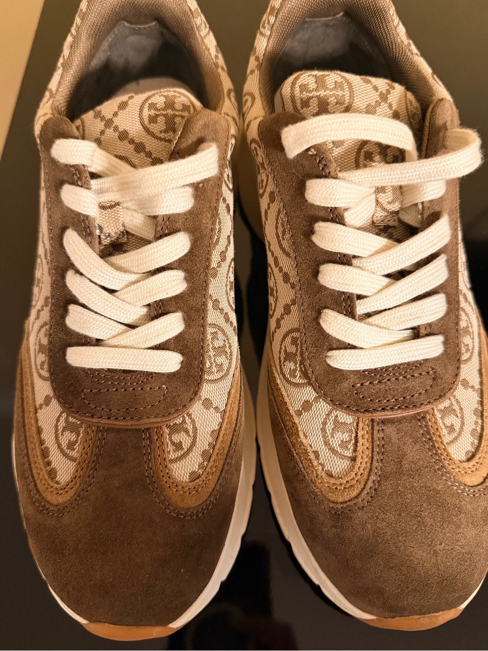 Tory Burch Brown Suede Logo-Pattern Athletic Sneakers with Cream Accents